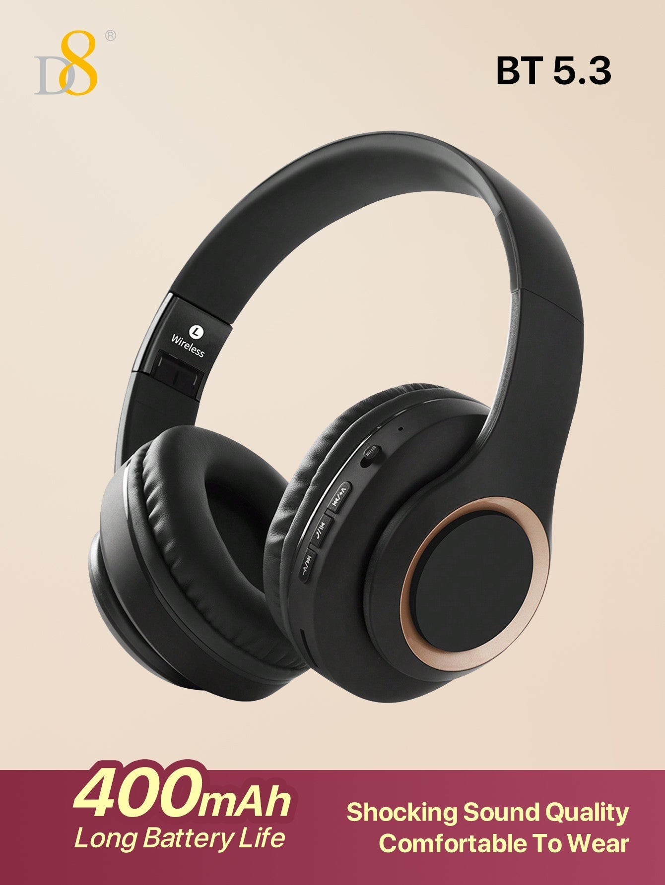 D8 Over-Ear Headphones, Wireless/Wired, Foldable, Mic & Deep Bass, 15H Playtime