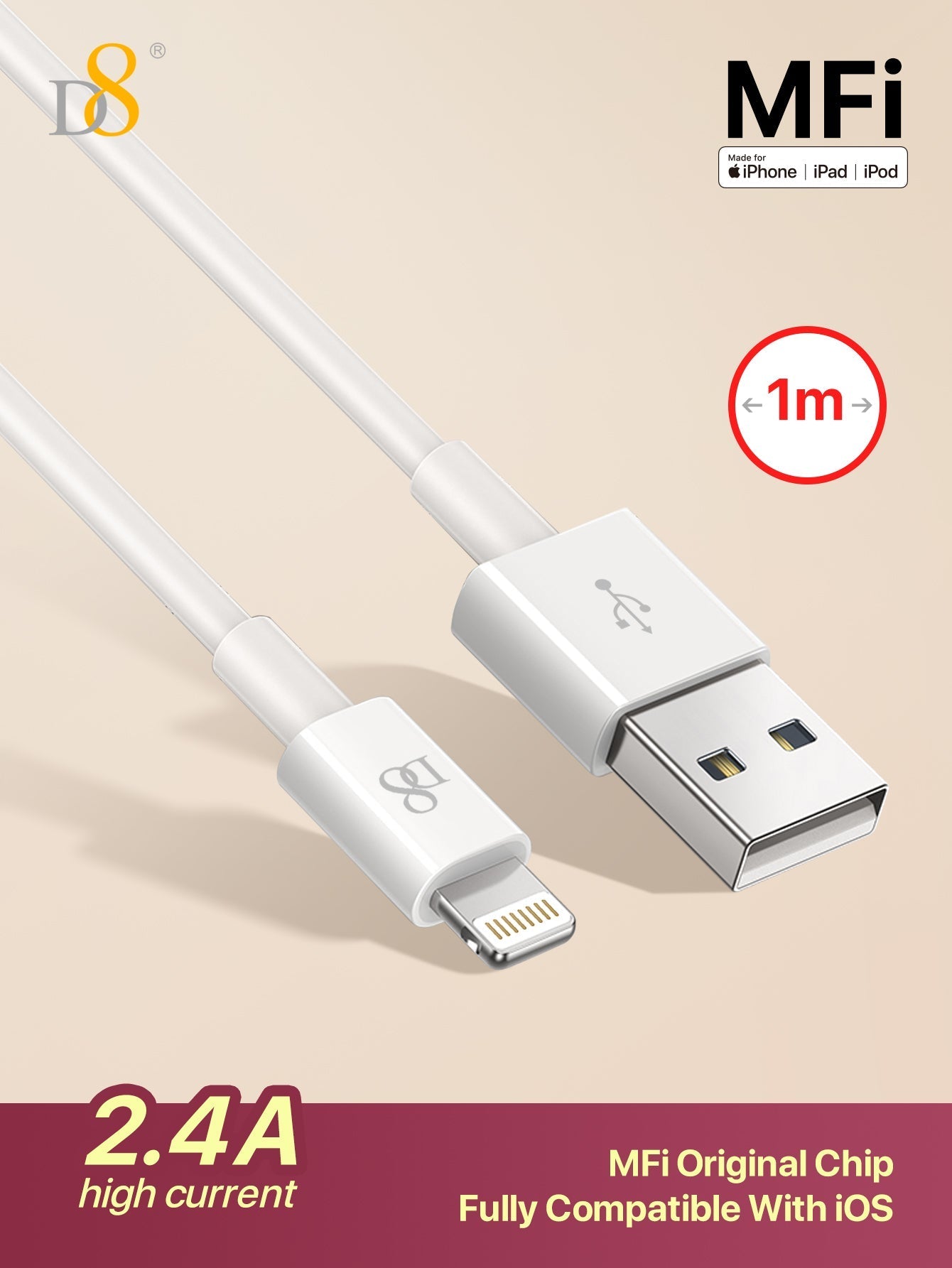 D8 1.5M MFi Certified USB A to Lightning Charger Cable, 2.4A Fast Charging