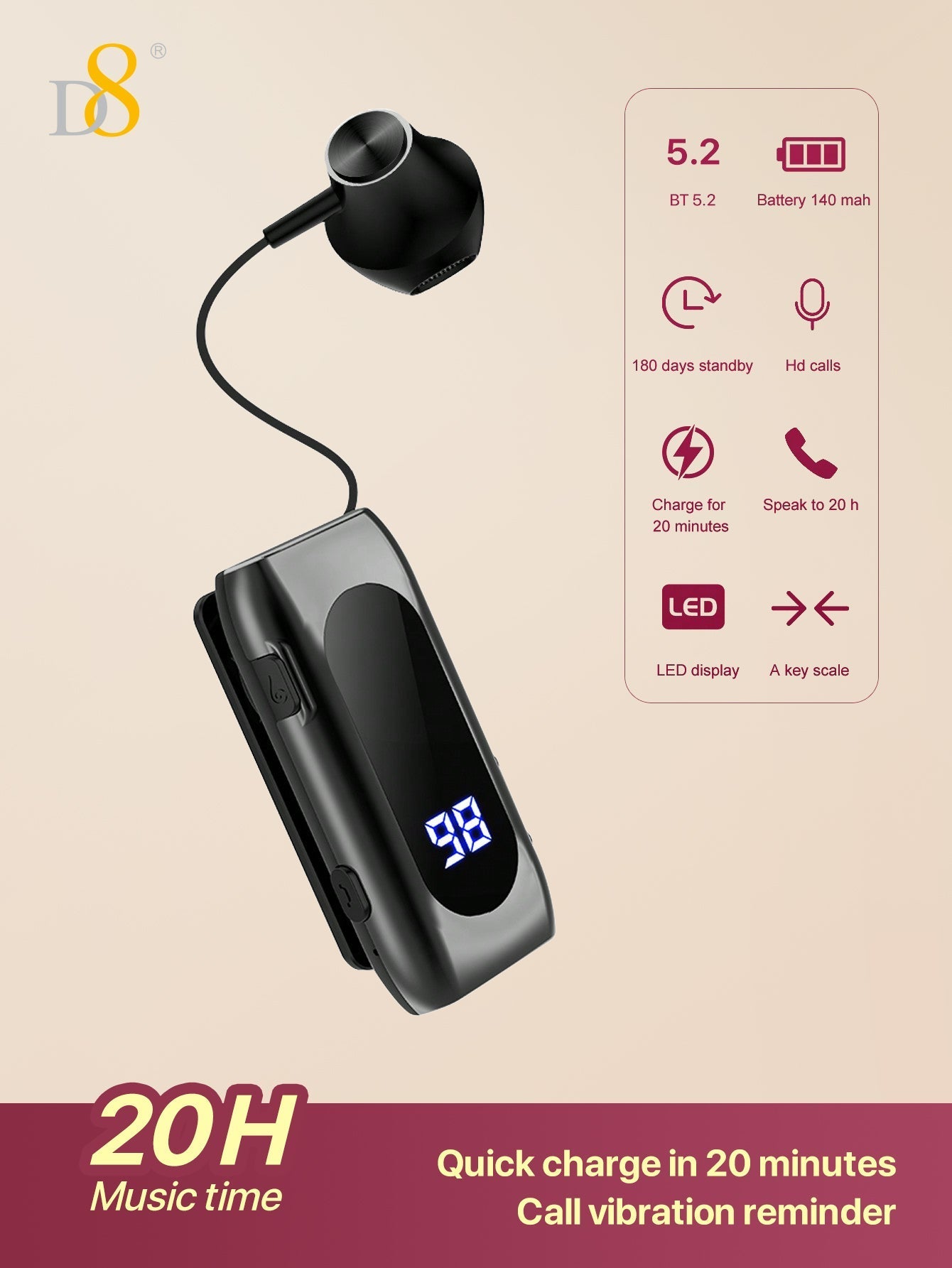 D8 Retractable Wireless Headset, LED Display, Noise-Canceling, 20H Talk
