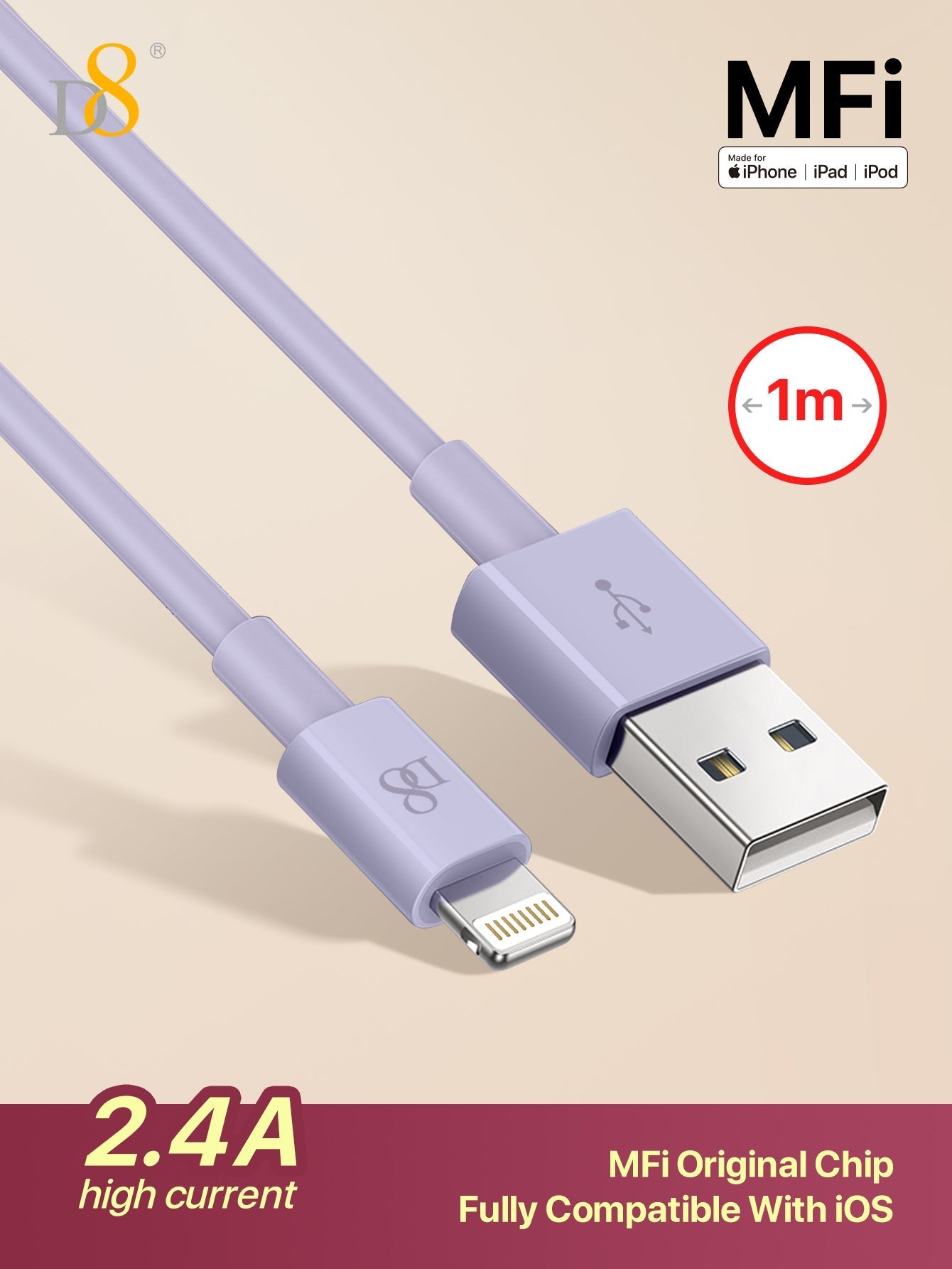 D8 MFi Certified USB-A to Lightning Charger Cable, 2.4A Fast Charging (0.25M/1M/1.5M/2M)