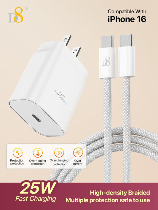D8 1-Pack iPhone 15 Charger Fast Charging 25W USB C, 3.3FT Cable, Compatible with iPhone 16, iPad, Galaxy