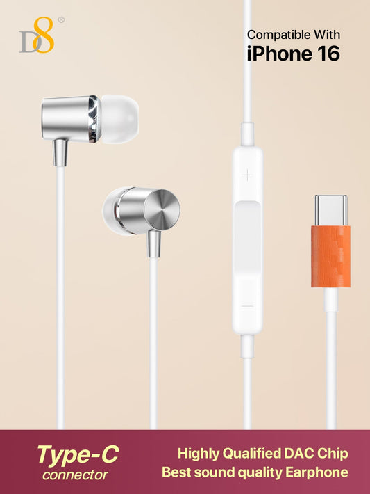D8 USB-C In-Ear Headphones, Mic & Volume Control for iPhone/Galaxy/iPad