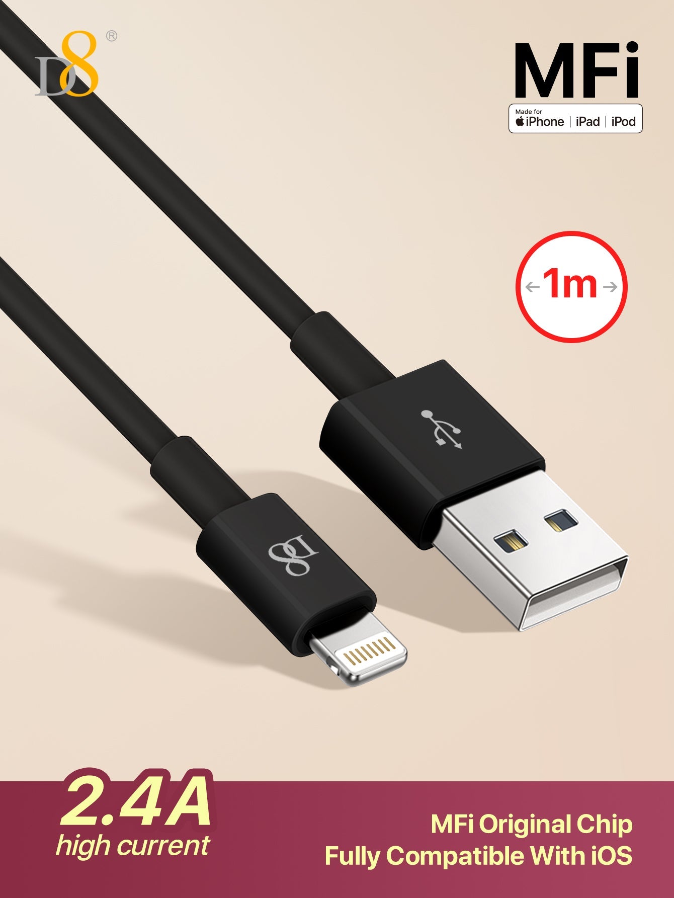 D8 MFi Certified iPhone Charger Cable (3.3FT, USB A to Lightning, 2.4A Fast Charging)