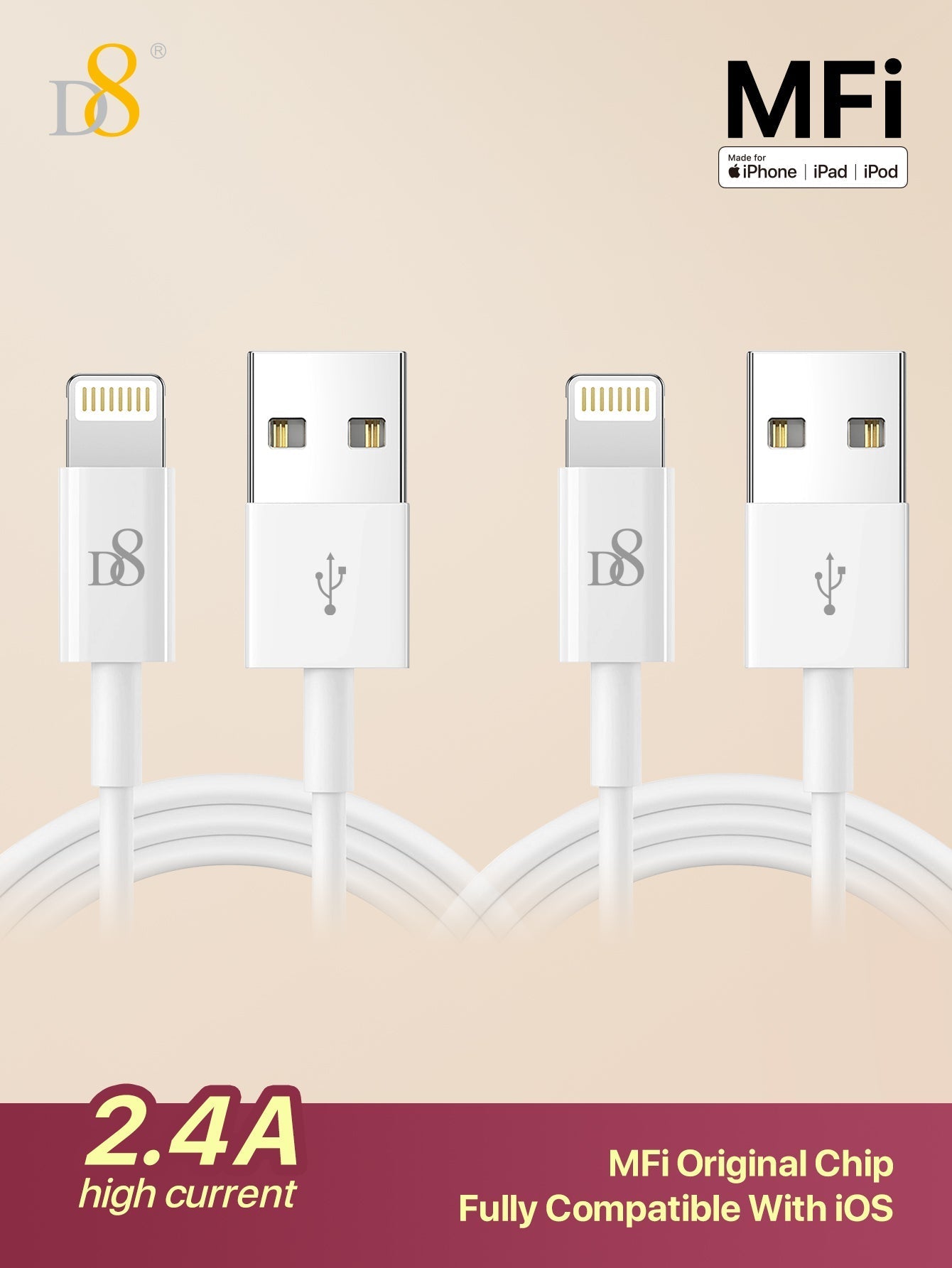 D8 USB A to Lightning Cable 2.4A Fast Charging (MFi Certified, 2-Pack)