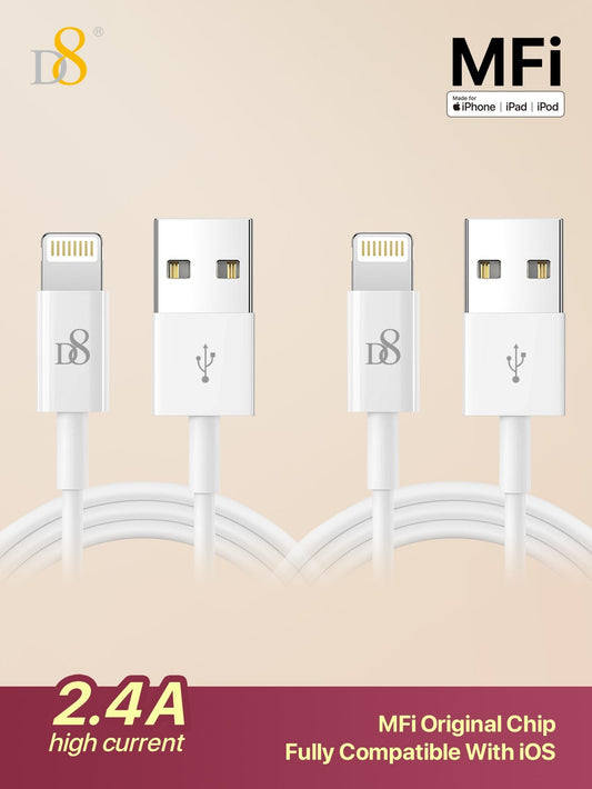 D8 USB A to Lightning Cable 2.4A Fast Charging (MFi Certified, 2-Pack)
