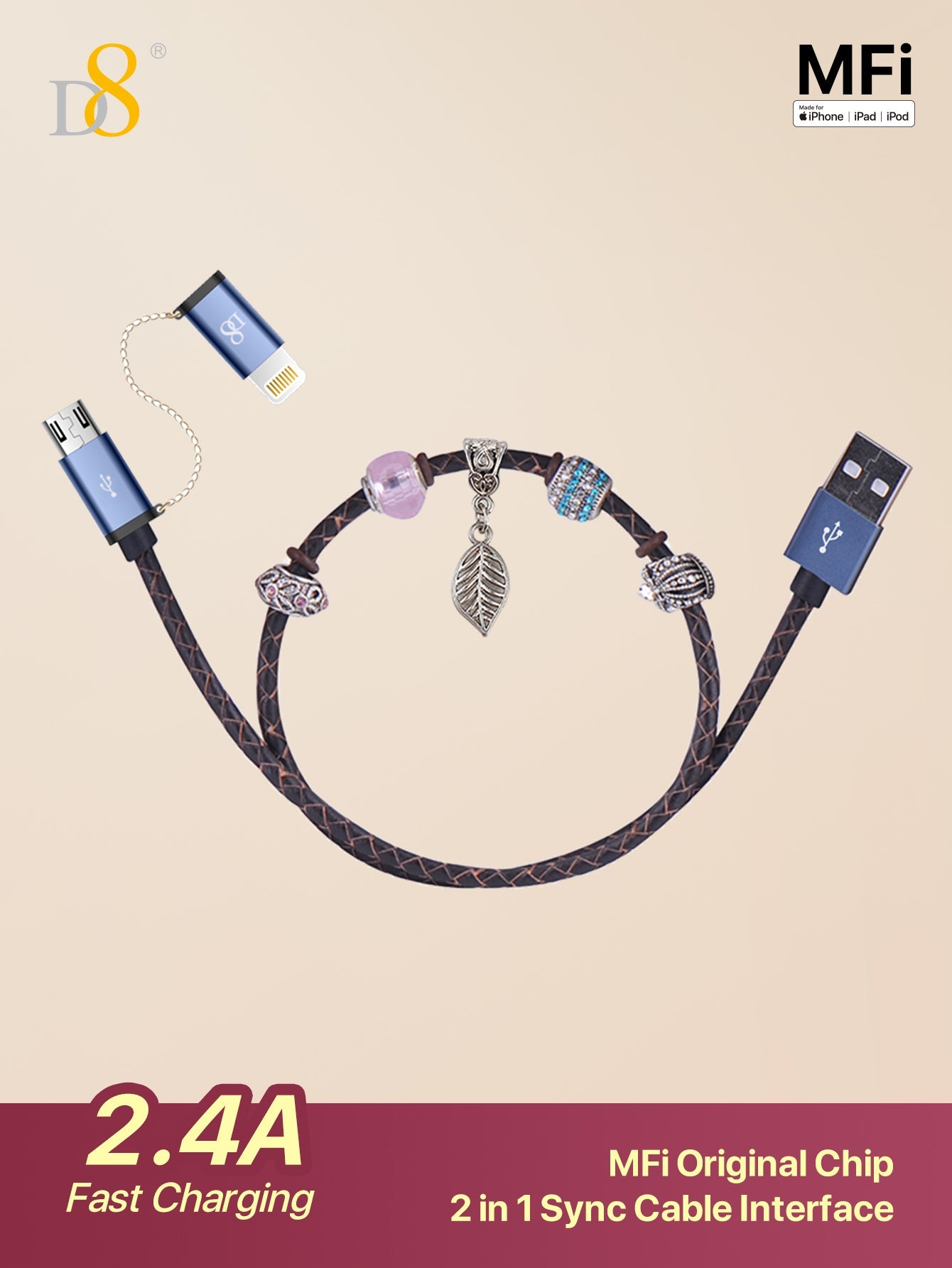 D8 DIY Handmade Beaded MFi Certified 2-in-1 iPhone & Micro USB Charger Cable
