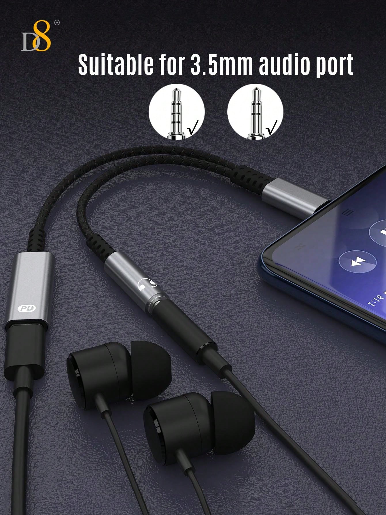 D8 USB-C to 3.5mm Adapter, 2-in-1 Audio + 60W Fast Charger for iPhone/Samsung