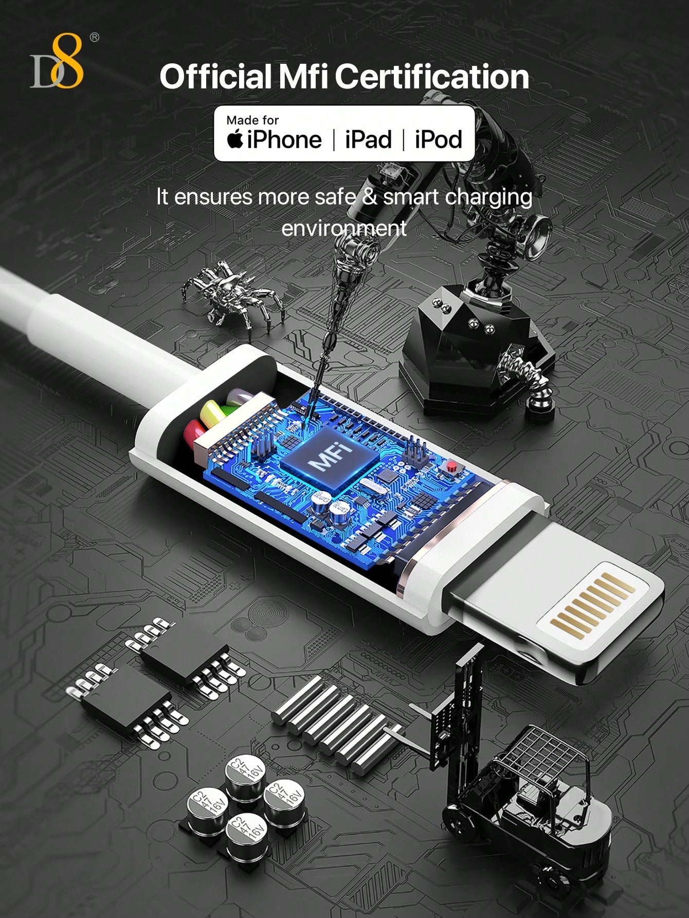D8 1.5M MFi Certified USB A to Lightning Charger Cable, 2.4A Fast Charging