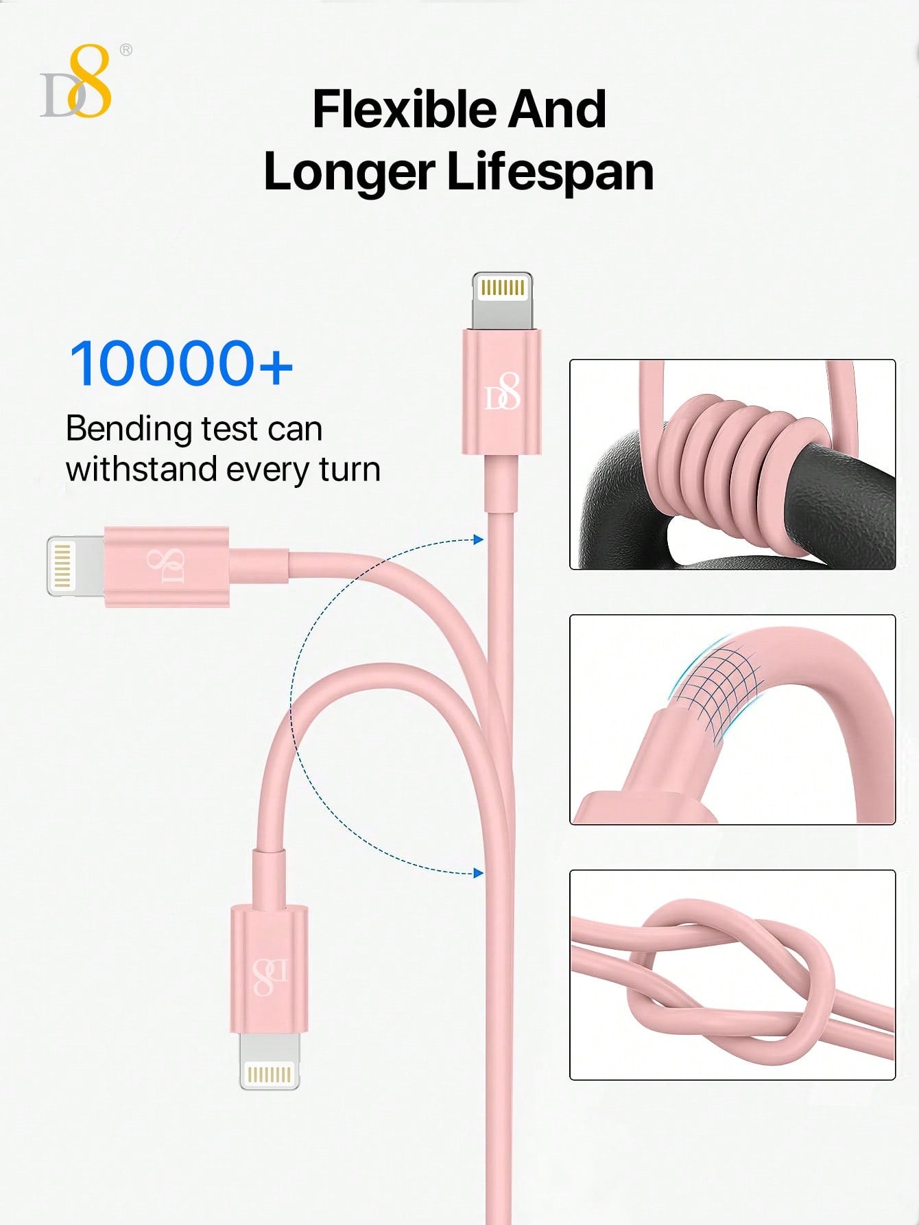 D8 MFi Certified USB-A to Lightning Cable, 2.4A Fast Charging (0.25M/1M/1.5M/2M)