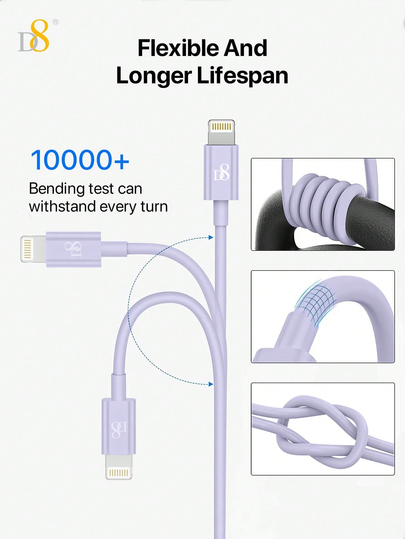 D8 MFi Certified USB-A to Lightning Charger Cable, 2.4A Fast Charging (0.25M/1M/1.5M/2M)