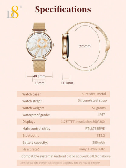 D8 Women's Smartwatch, 1.27" TFT, Calls, IP67, 100+ Sports, Heart Monitor