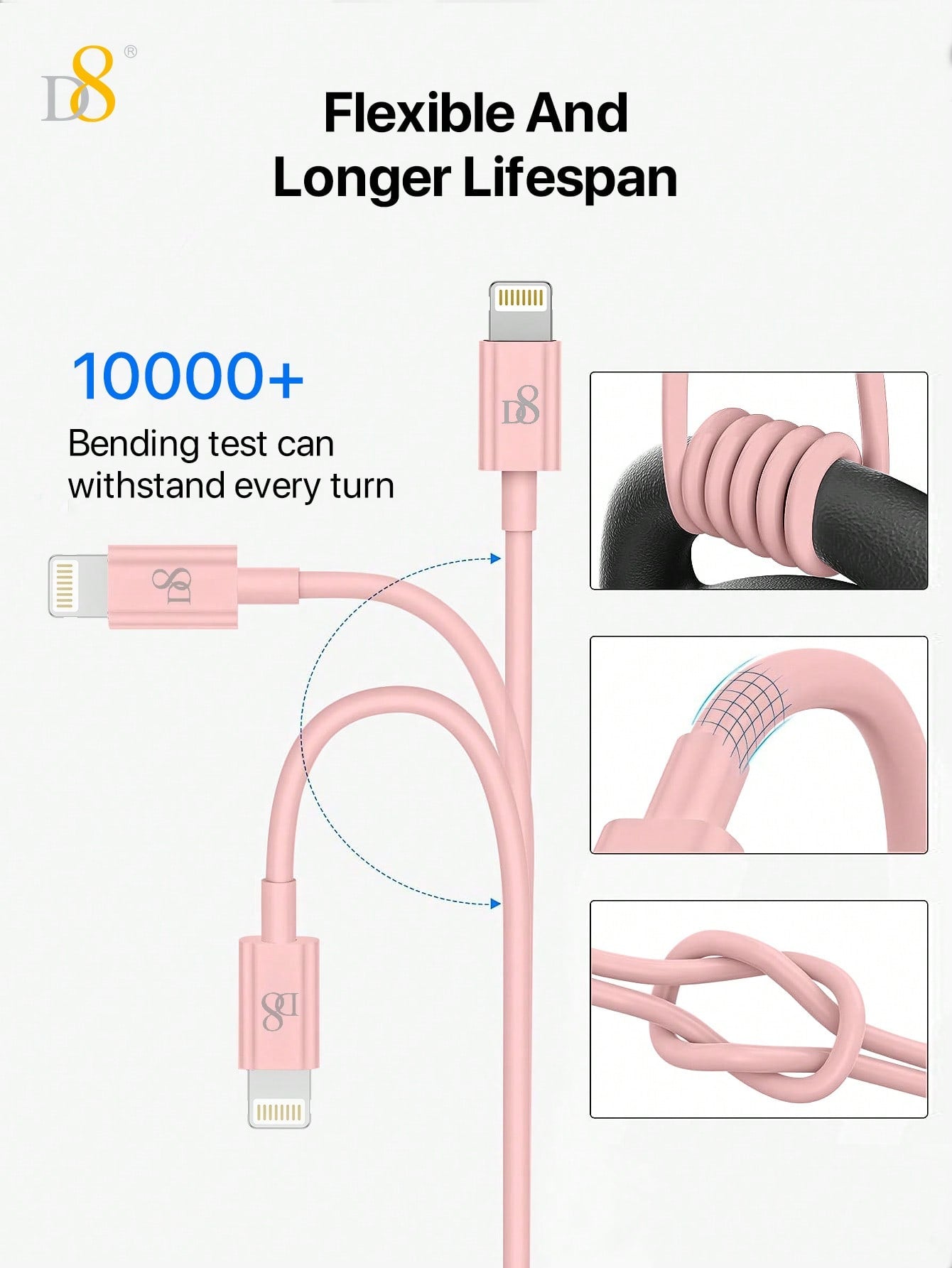 D8 3-Pack USB-A to Lightning Cable, MFi Certified 2.4A Fast Charging (1M)