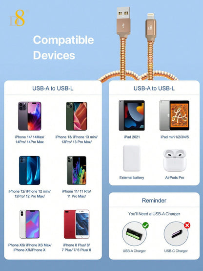 D8 USB-A to Lightning Charger Cable 1M – MFi Certified, 2.4A Fast Charging