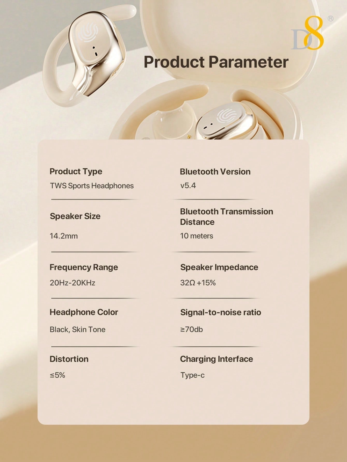 D8 Wireless Sport Earbuds, Noise-Canceling Mic, 72H Battery, HiFi Sound, USB-C