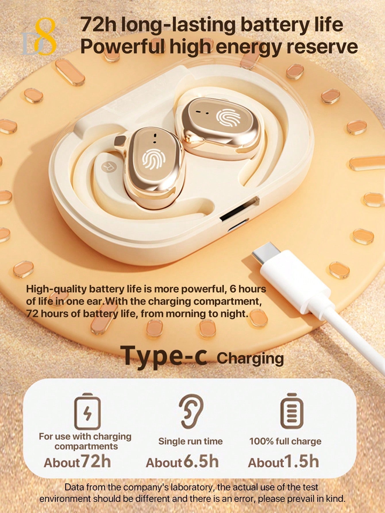 D8 Wireless Sport Earbuds, Noise-Canceling Mic, 72H Battery, HiFi Sound, USB-C