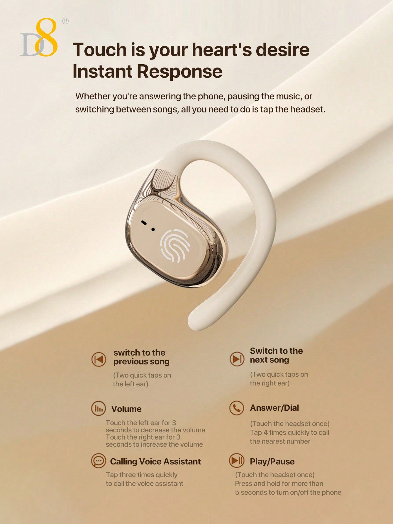 D8 Wireless Sport Earbuds, Noise-Canceling Mic, 72H Battery, HiFi Sound, USB-C