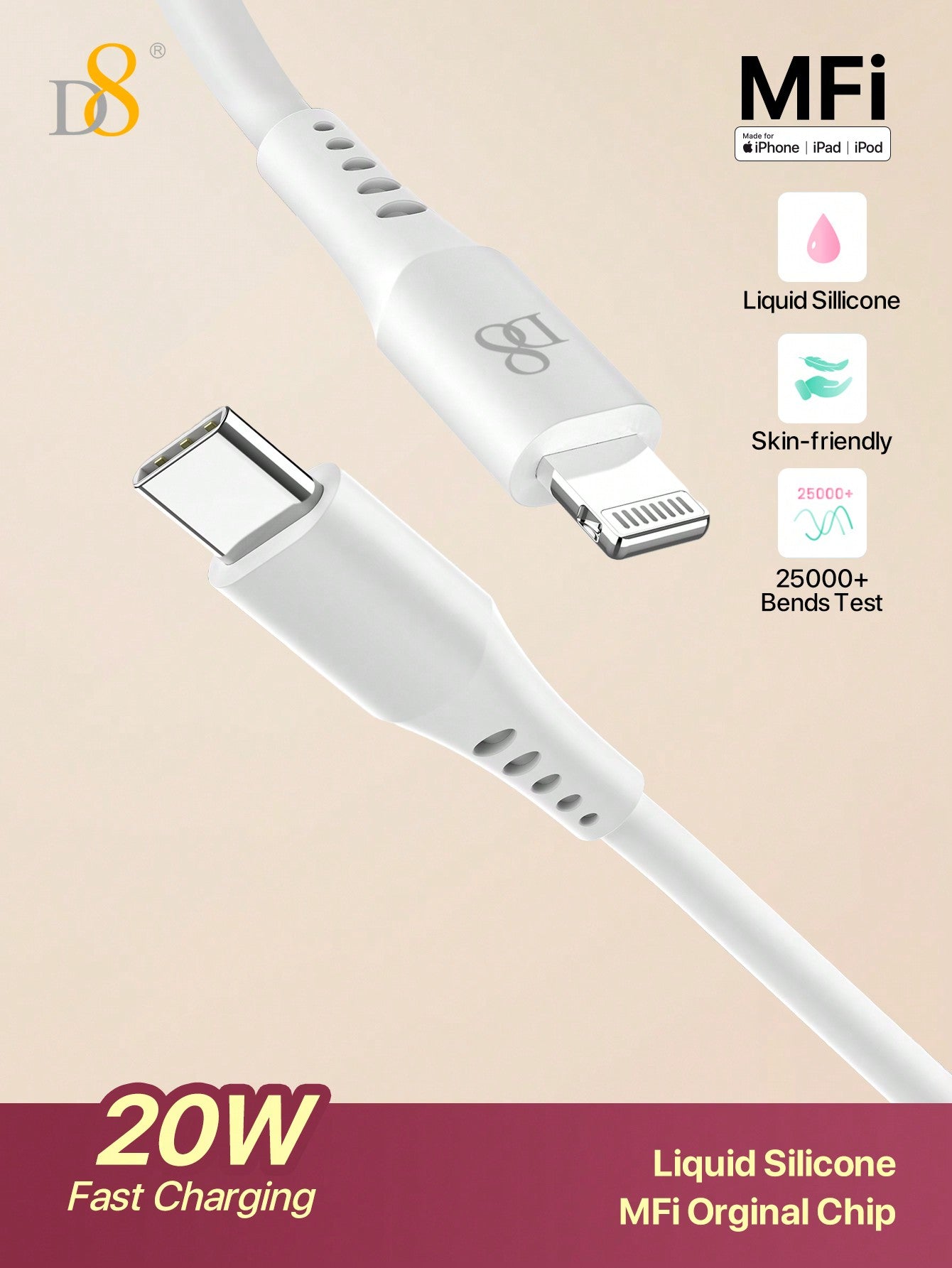 D8 USB-C to Lightning Charger Cable 1.2M – MFi Certified, 2.4A Fast Charging