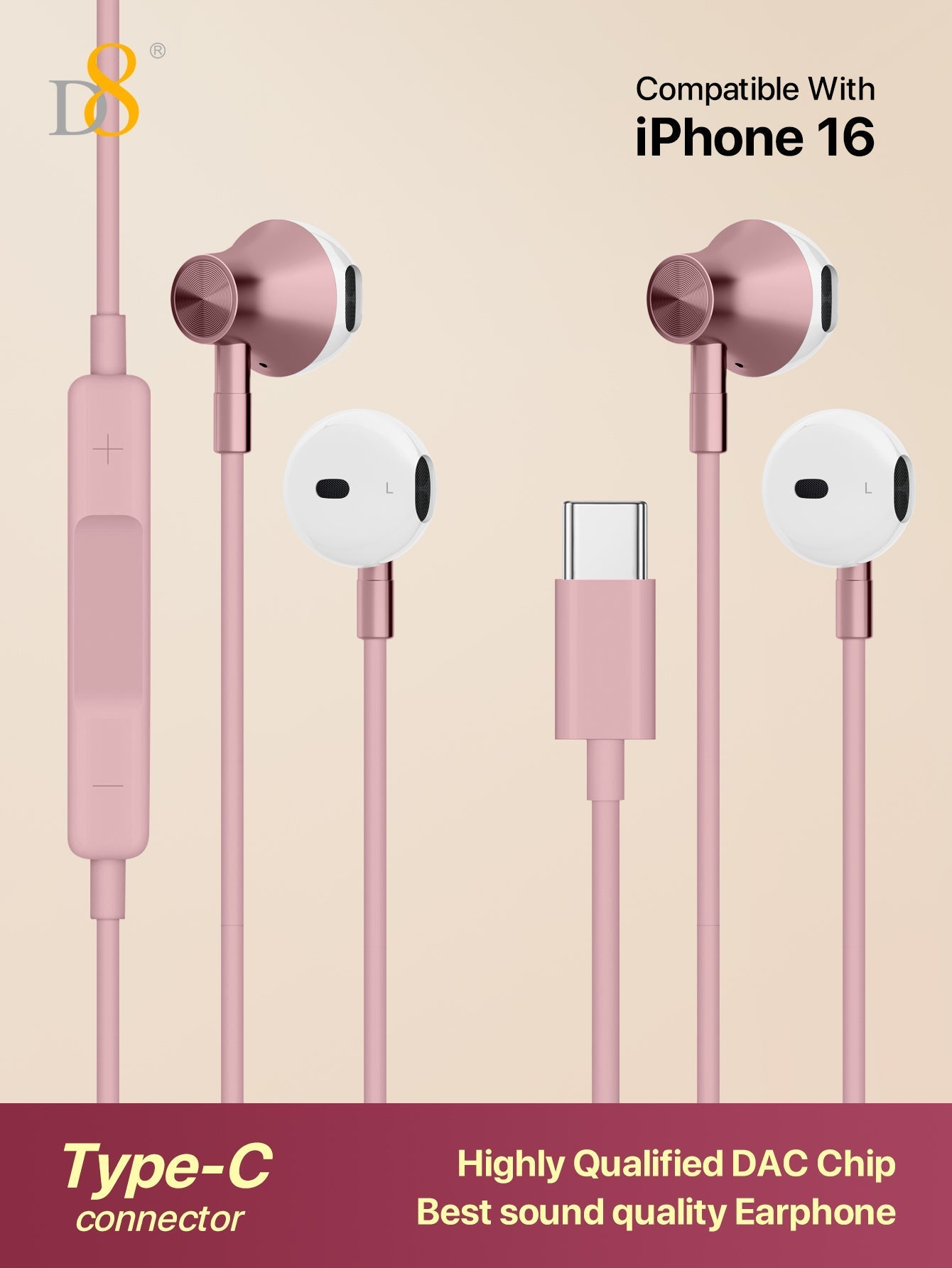 D8 USB-C Earbuds 2-Pack, Mic & Volume Control for iPhone/Galaxy/iPad