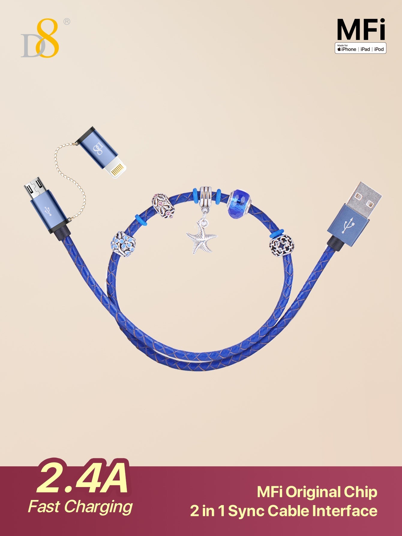 D8 DIY Handmade Beaded MFi Certified 2-in-1 iPhone & Micro USB Charger Cable