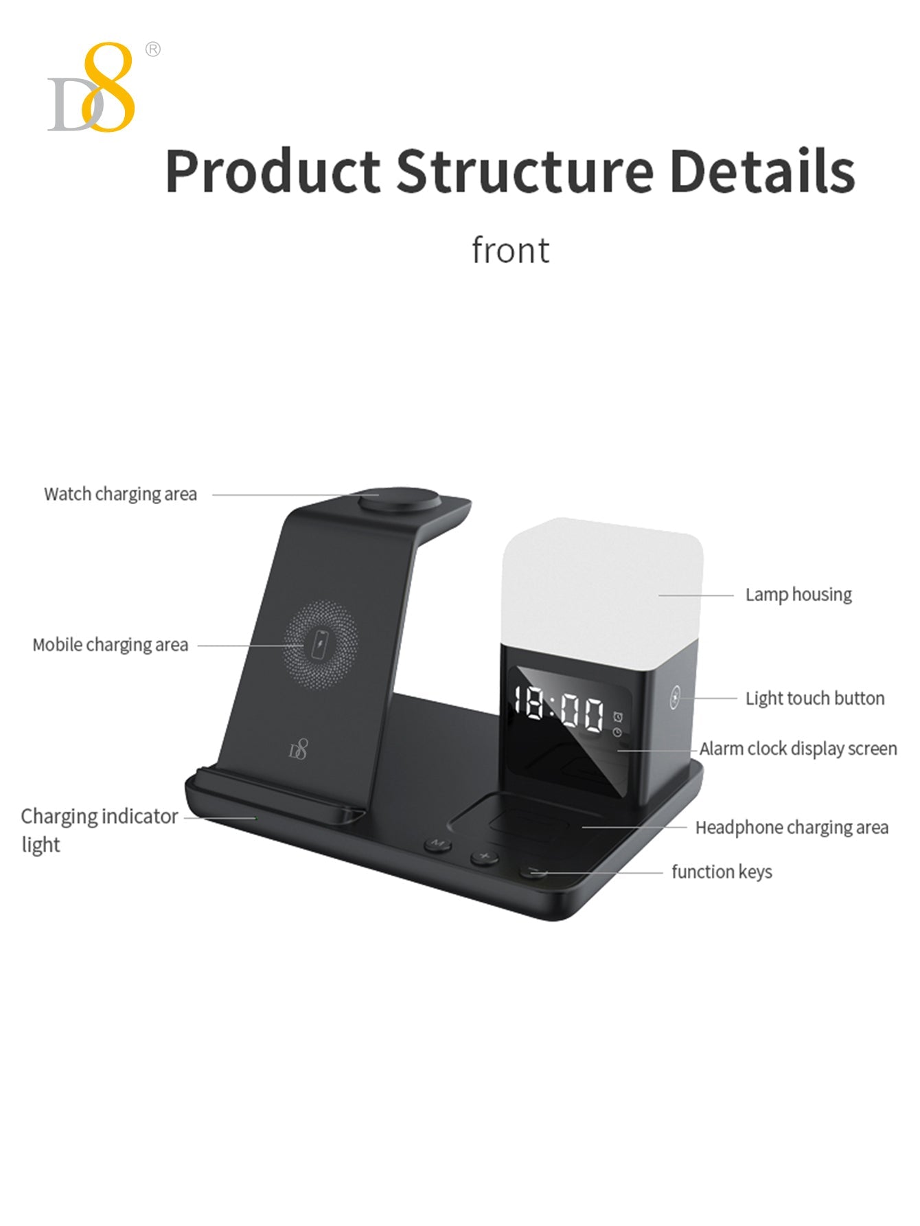 D8 3-in-1 Wireless Charger with LED Night Light for iPhone/Apple Watch